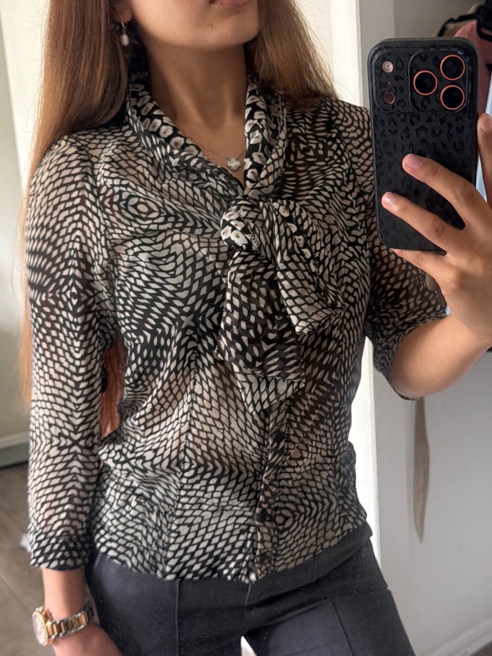 Sheer Tie-Neck Printed Blouse - Black/Cream